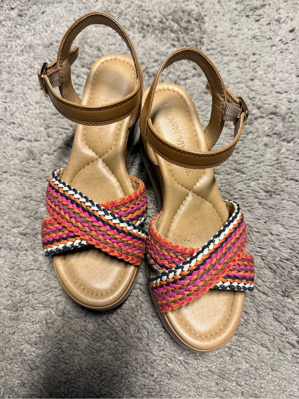Kelly & Katie Tan Wedge Sandals with Multicolor Braided Straps 6.5